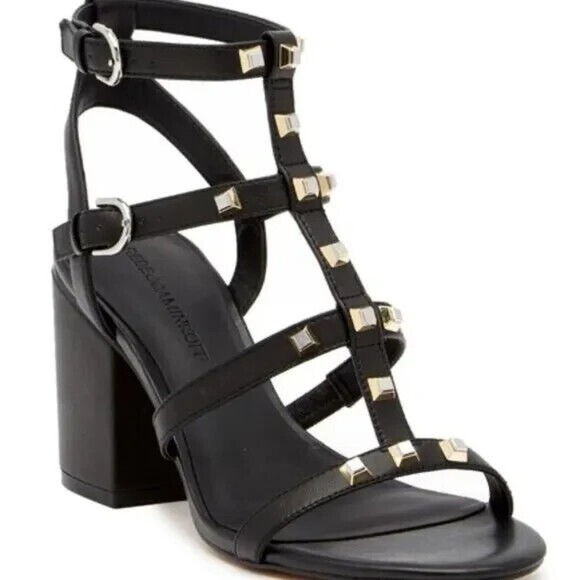 Rebecca Minkoff Lenore Sandal Block Heel Open Toe Black Studded Ankle St… - Picture 1 of 9
